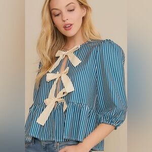 Sweet Generis NEW Stripe Woven Open Front Babydoll Top Blouse with Contrast Bow
